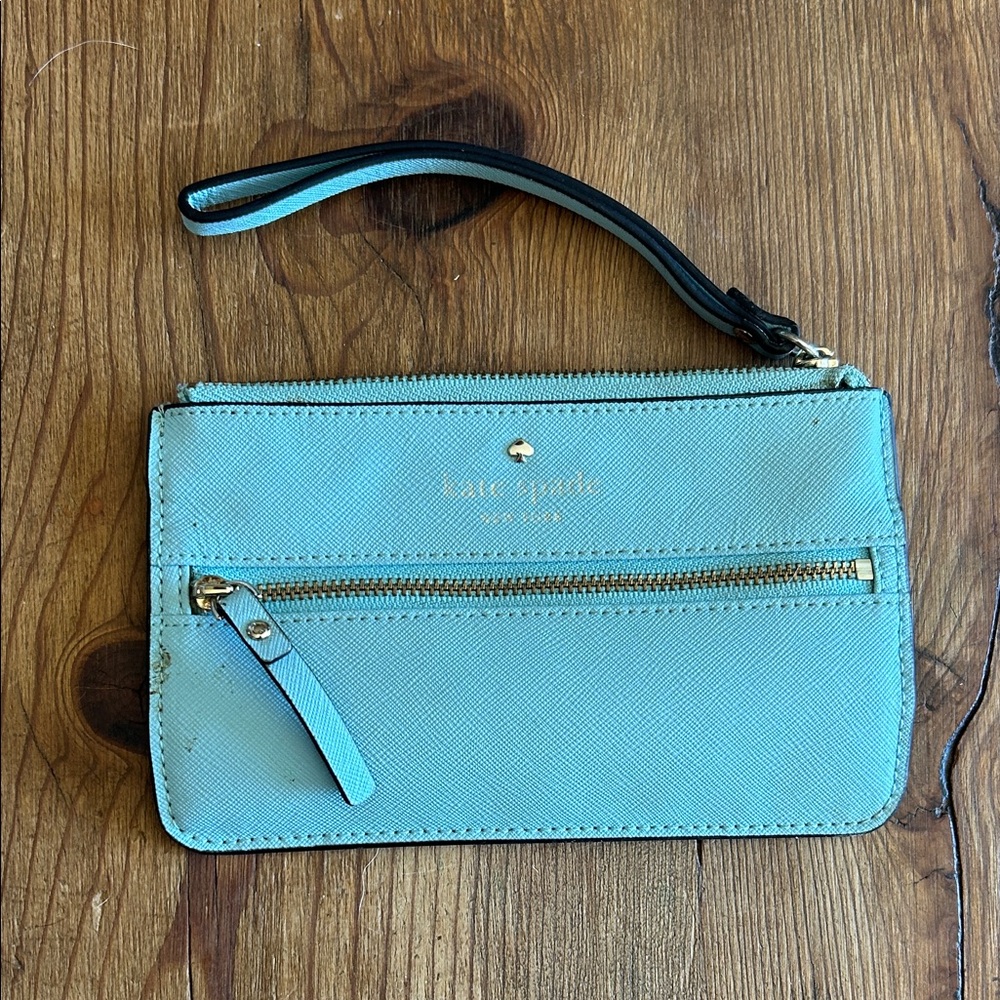 kate spade turquoise leather wristlet clutch with gold hardware